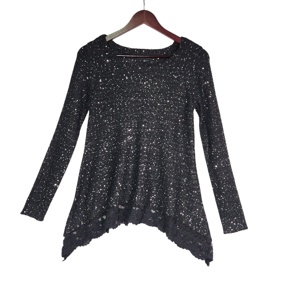 Signature Studio Women Black Sequin Sweater Top Small Lace Asymmetric Whimsigoth